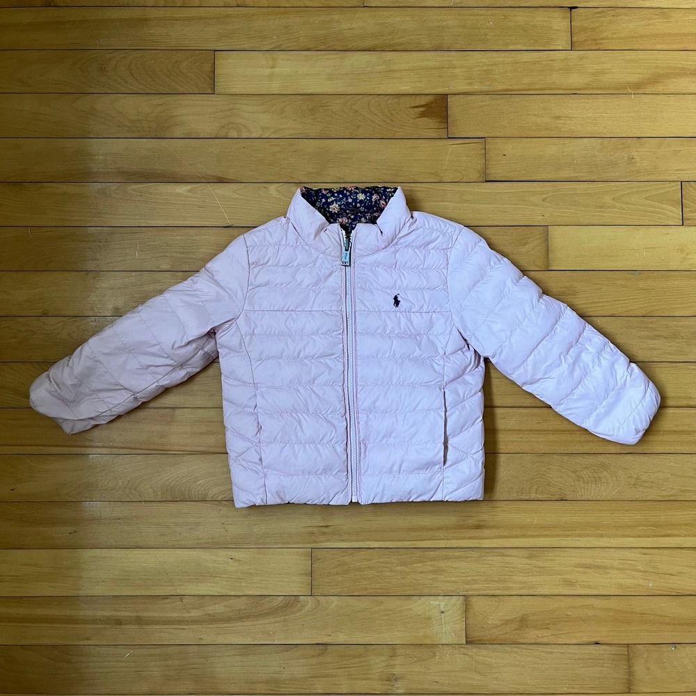 Polo Ralph Lauren Girls Reversible Puffer Jacket Pink Floral Navy Blue Pony Logo